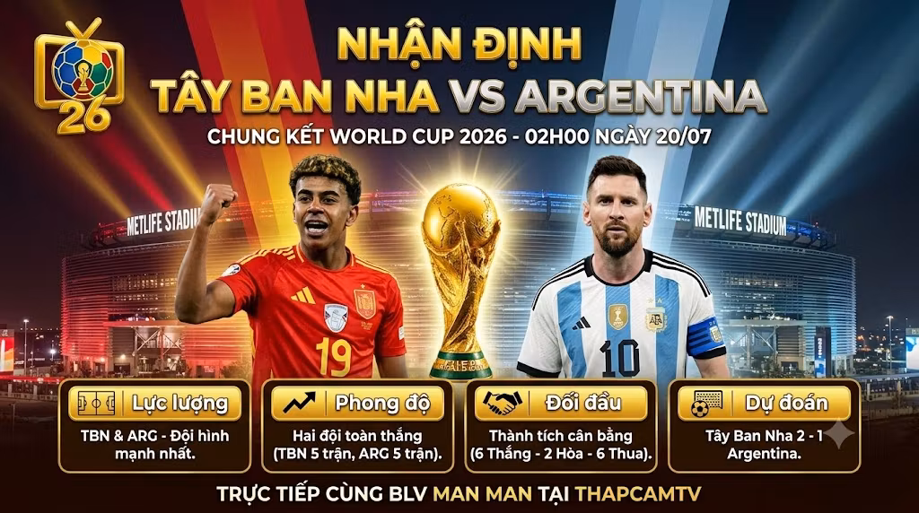 Nhận định tổng quan trận chung kết World Cup 2026 giữa Tây Ban Nha vs Argentina cùng BLV Man Man trên ThapcamTV.